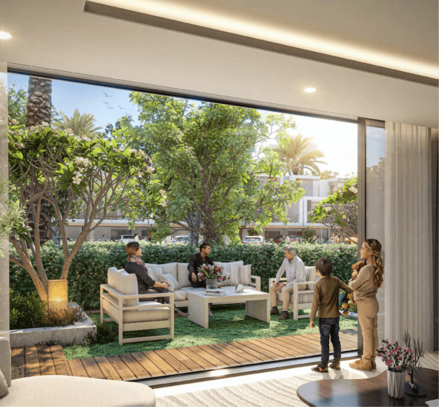 Contemporary facade of DAMAC Violet residences with private gardens