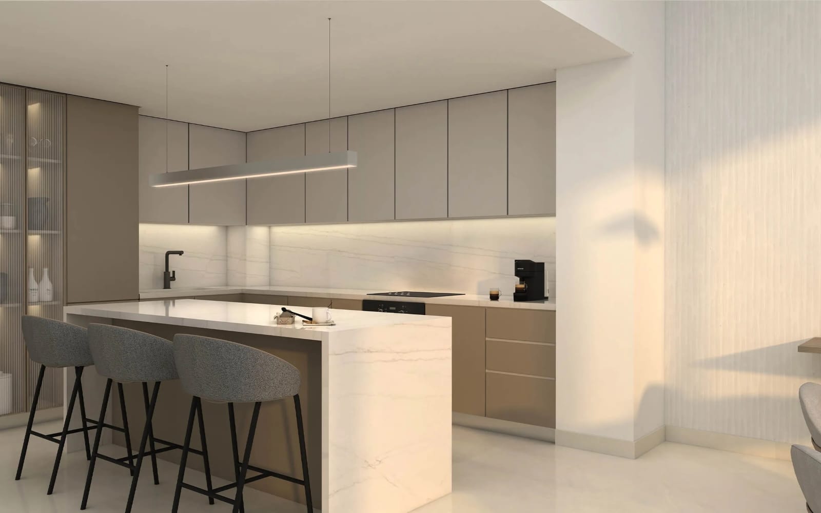 Open-plan kitchen and dining area inside Vista by Prestige One apartment