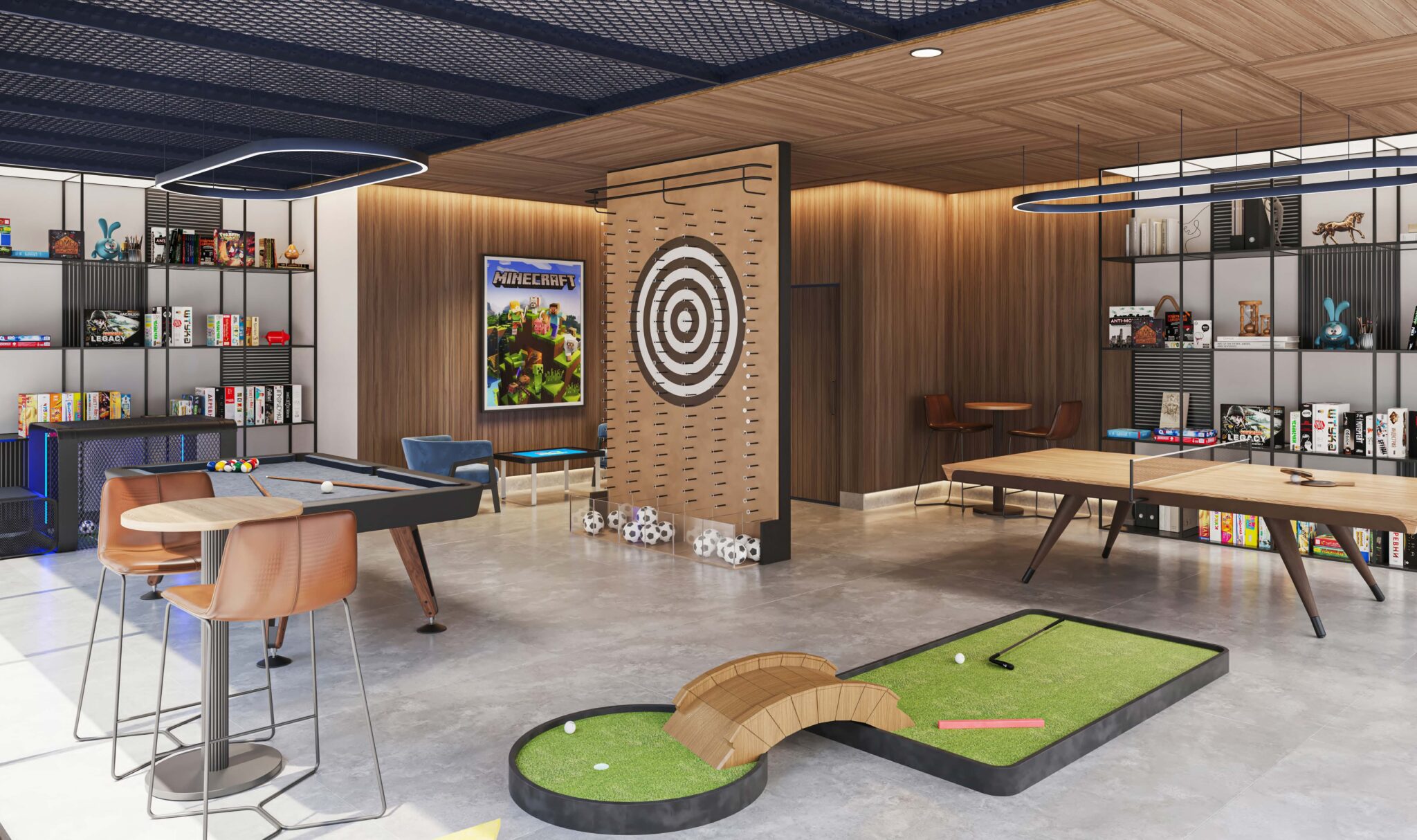 Modern gaming station with consoles and LED lighting at Belgrove Residences