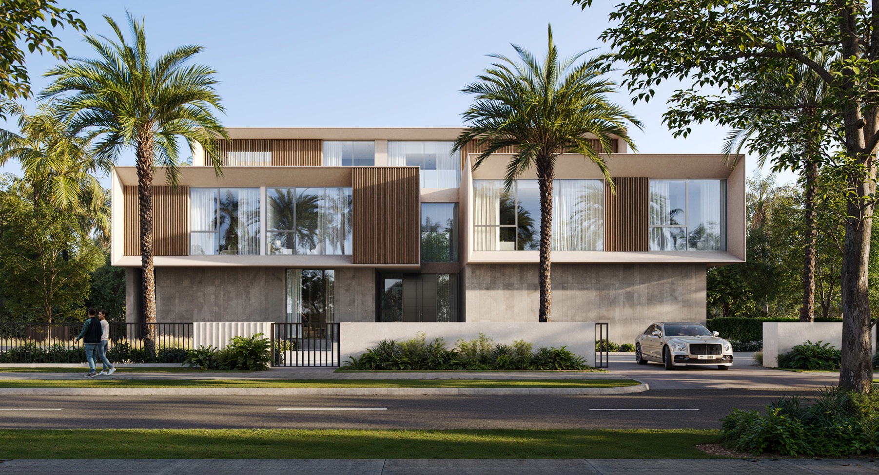 Sunlit terrace overlooking water features in The Oasis