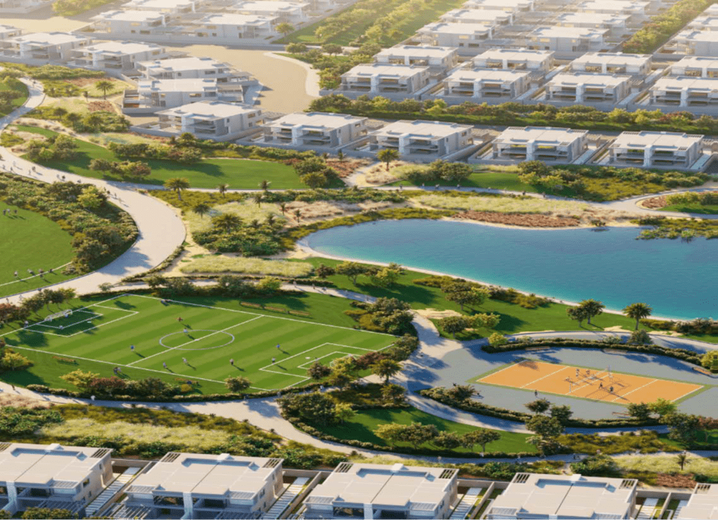 Street-level view of DAMAC Violet townhouses nestled in lush greenery