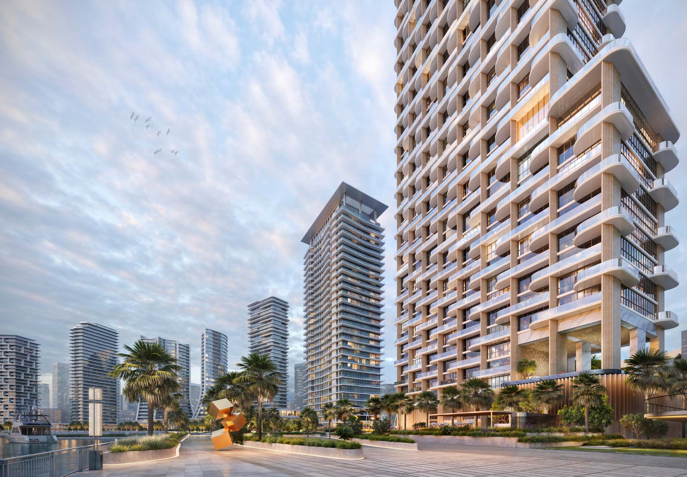 Exterior view of Meraas Atelis at D3 with waterfront backdrop