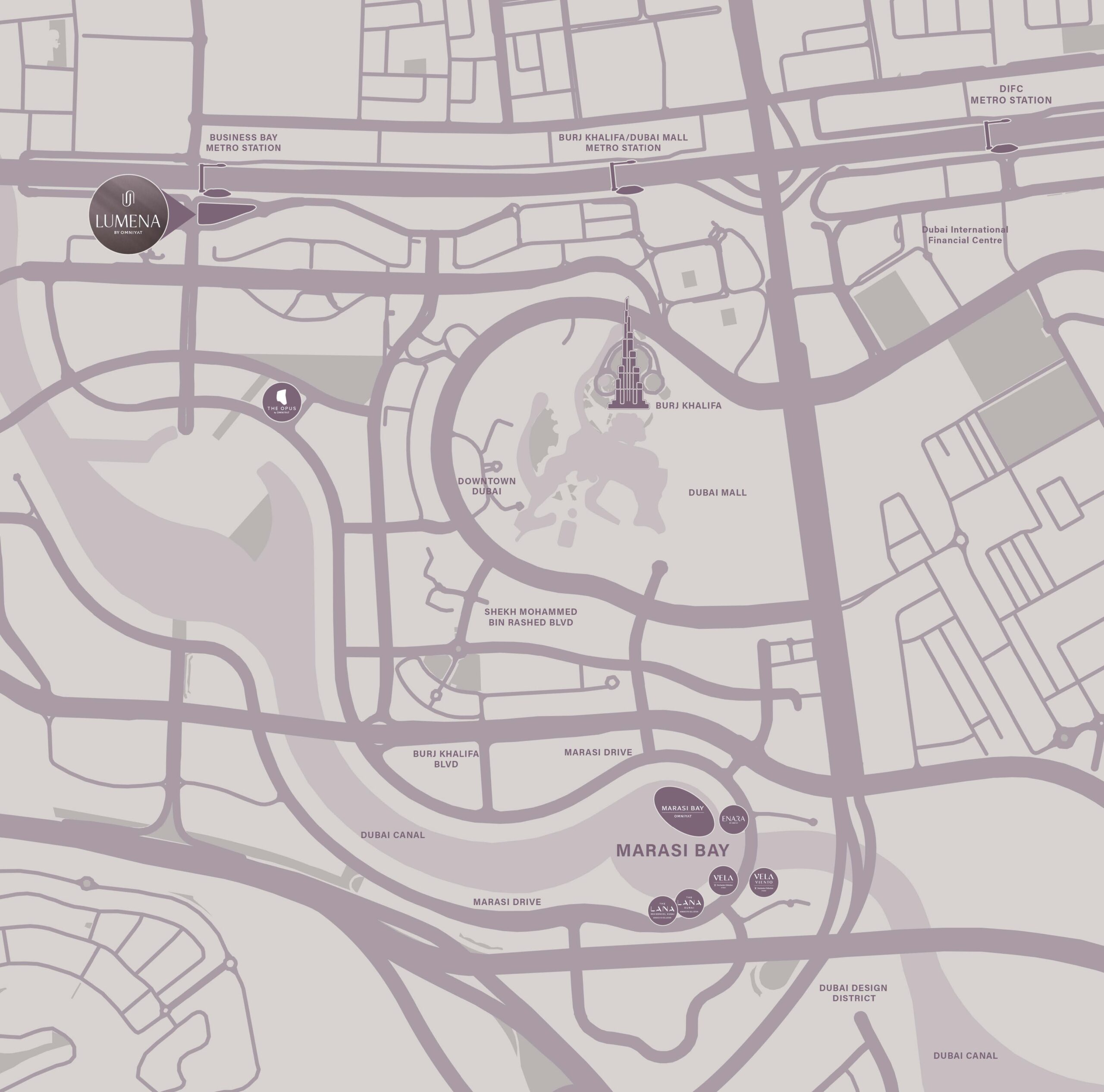 Strategic location of Lumena by Omniyat with direct views of Burj Khalifa